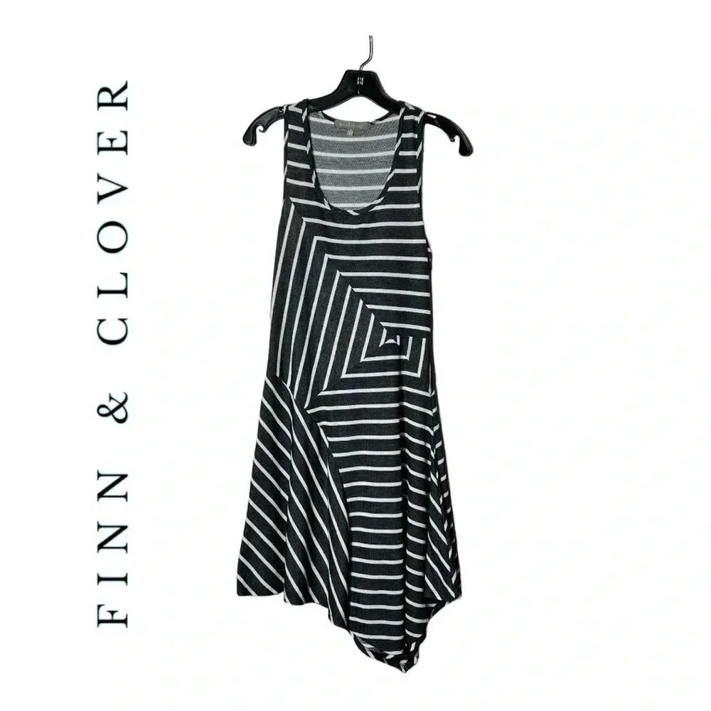 1900. FINN & CLOVER ASYMMETRICAL SLEEVELESS DRESS SIZE MEDIUM STRIPES BLACK